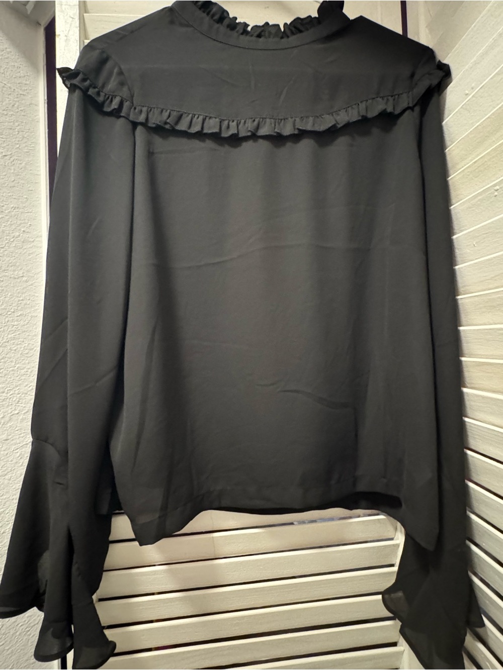 Ruffled Yoke Long-Sleeve Blouse - Black